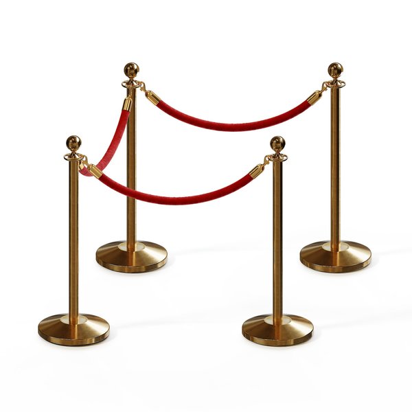 Montour Line Stanchion Post and Rope Kit Sat.Brass, 4 Ball Top3 Red Rope C-Kit-4-SB-BA-3-PVR-RD-PB